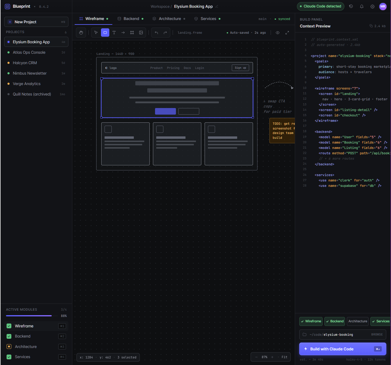 Kestral app — wireframe canvas showing screen layouts and component annotations